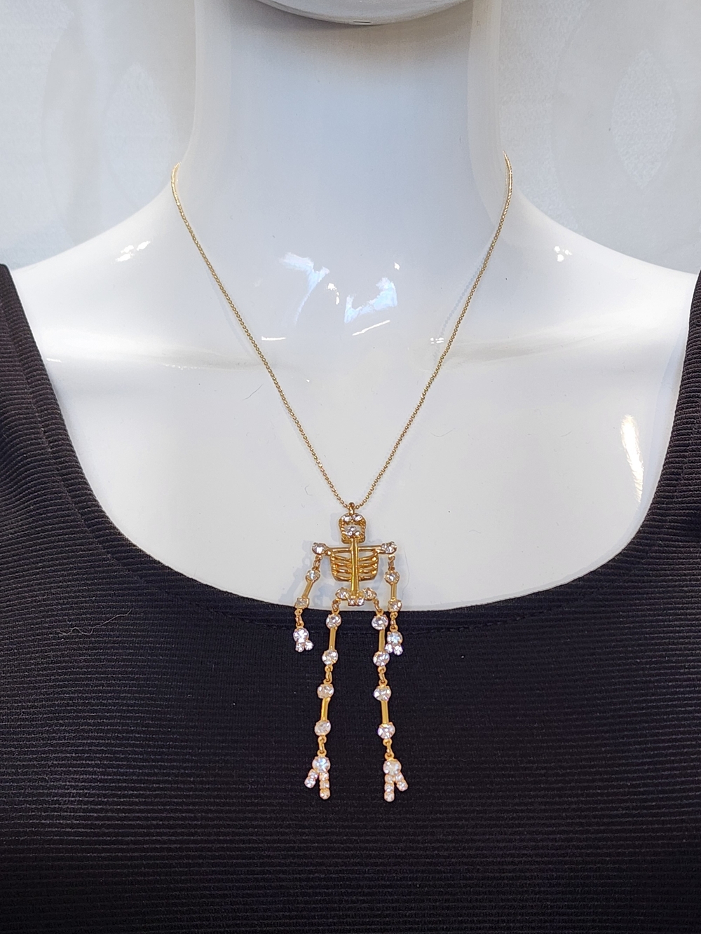 Y2K Gold Tone Rhinestone Articulated Skeleton Necklace Dangling Halloween - Picture 2 of 11